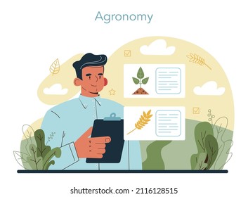 Argonomist concept. Scientist making research in agriculture. Idea of farming and cultivation. Organic harvest selection. Isolated vector illustration