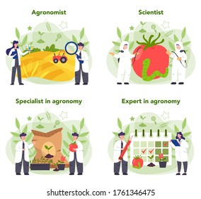 Argonomist concept set. Scientist making research in agriculture. Idea of farming and cultivation. Organic harvest selection. Isolated vector illustration