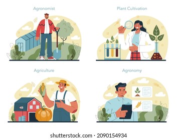 Argonomist concept set. Scientist making research in agriculture. Idea of farming and cultivation. Organic harvest selection. Isolated vector illustration