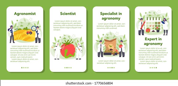 Argonomist mobile application banner set. Scientist making research in agriculture. Idea of farming and cultivation. Organic harvest selection. Isolated vector illustration