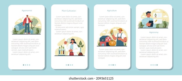 Argonomist Handy-Banner-Set. Wissenschaftler, die Forschung in der Landwirtschaft. Idee der Landwirtschaft und des Anbaus. Auswahl der biologischen Ernte. Einzelne Vektorgrafik