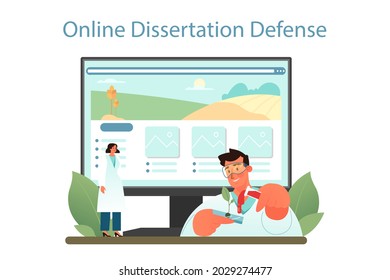Argonomist online service or platform. Scientist making agriculture research. Organic harvest selection, cultivation. Online dissertation defense. Vector illustration