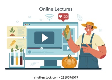 Argonomist online service or platform. Scientist making research in agriculture. Organic harvest selection and cultivation. Online , lecture. Flat vector illustration