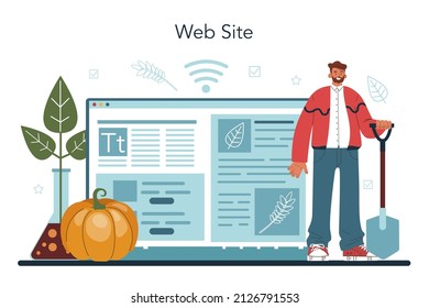 Argonomist online service or platform. Scientist making research in agriculture. Organic harvest selection and cultivation. Website. Flat vector illustration
