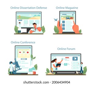 Argonomist online service or platform set. Scientist making agriculture research. Organic harvest selection, cultivation. Online forum, magazine, conference, dissertation defense. Vector illustration