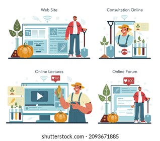 Argonomist online service or platform set. Scientist making research in agriculture. Organic harvest selection and cultivation. Online consultation, forum, lecture, website. Flat vector illustration