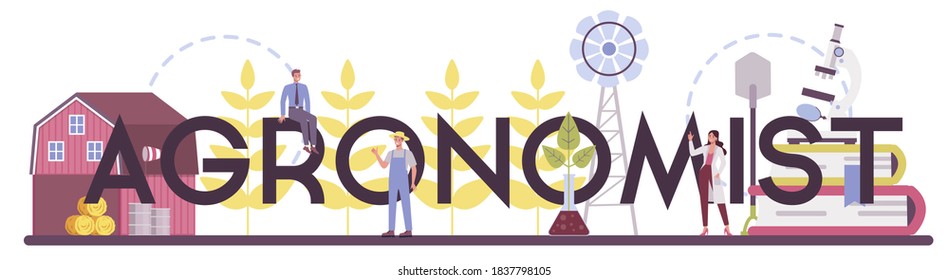 Argonomist typographic header. Scientist making research in agriculture. Idea of farming and cultivation. Organic harvest selection. Isolated vector illustration - Shutterstock ID 1837798105