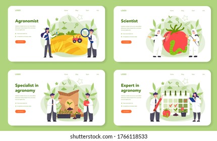 Argonomist web banner or landing page set. Scientist making research in agriculture. Idea of farming and cultivation. Organic harvest selection. Isolated vector illustration