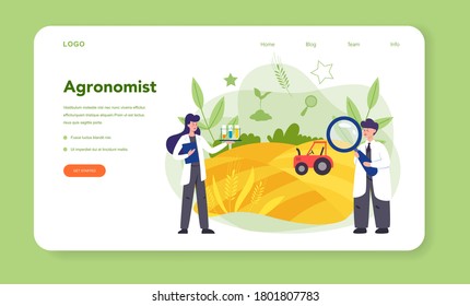 Argonomist web banner or landing page. Scientist making research in agriculture. Idea of farming and cultivation. Organic harvest selection. Isolated vector illustration