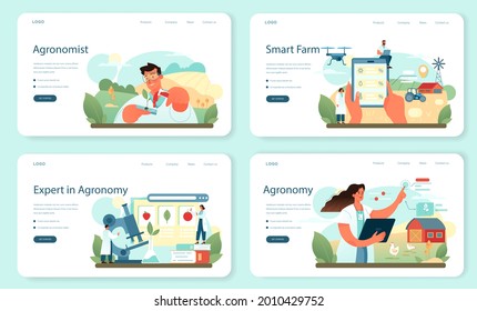 Argonomist web banner or landing page set. Scientist making research in agriculture. Idea of farming and cultivation. Organic harvest selection. Isolated vector illustration