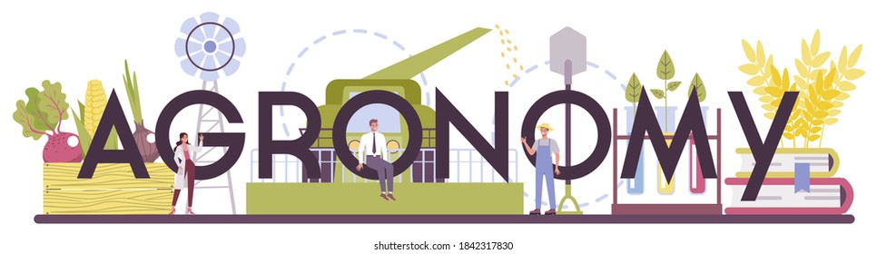 Argonomy typographic header. Scientist making research in agriculture. Idea of farming and cultivation. Organic harvest selection. Isolated vector illustration