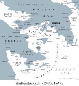 Argo-Saronic Golf, Saronischer und Argolic Golf von Griechenland, graue politische Karte. Die Halbinseln Attika und Argolis, Argo-Saronische Inseln, Isthmus von Korinth, Korinth-Kanal und die griechische Hauptstadt Athen.