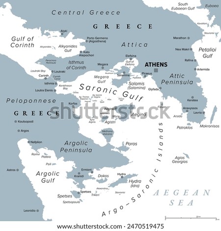 Argo-Saronic Gulf, Saronic and Argolic Gulf of Greece, gray political map. The peninsulas of Attica and Argolis, Argo-Saronic Islands, Isthmus of Corinth, Corinth Canal and the Greek capital Athens.