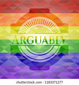 Arguably emblem on mosaic background with the colors of the LGBT flag