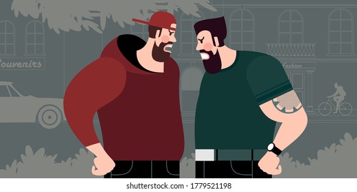 Discutir entre dos jóvenes. Escena de la calle de la ciudad. Ilustración vectorial de diseño plano.