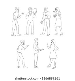 Argue vector illustration set with conflicting aggressive young men and women in sketch style isolated on white background. Misunderstanding of disputing male and female characters.