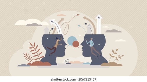 Arguing in conflict discussion about different opinions tiny person concept. Dispute and confrontation with negative talking arguments vector illustration. Disagreement and frustration in relationship