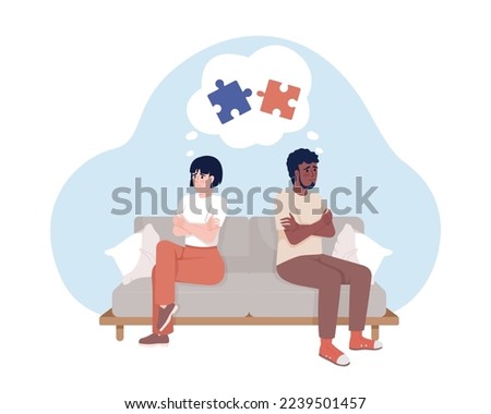 Arguing couple 2D vector isolated illustration. Relationship problems. Conflicts in marriage. Ignoring flat characters on cartoon background. Colorful editable scene for mobile, website, presentation