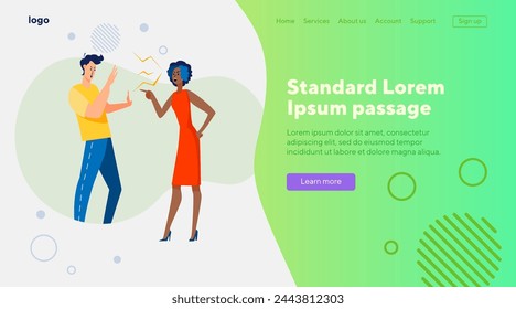 Arguing couple in conflict. Man and woman shouting and blaming each other flat vector illustration. Toxic relationship, problem, breakup concept for banner, website design or landing web page