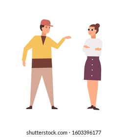 Arguing couple flat vector illustration. Family conflict, quarrel, negative emotions concept. Misunderstanding, relation problems. Offending boyfriend and girlfriend cartoon characters.