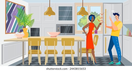 Arguing couple in kitchen. Man and woman shouting and blaming each other flat vector illustration. Toxic relationship, problem, breakup concept