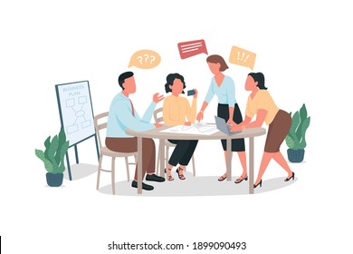 Arguing coworkers flat color vector faceless characters. Office meeting with bad communication. Conflict at workplace. Brainstorming isolated cartoon illustration for web graphic design and animation