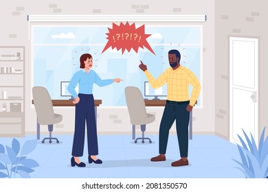 Arguing coworkers flat color vector illustration. Conflict in office. Man and woman annoyed at each other at work. Colleagues 2D cartoon characters with corporate workplace interior on background