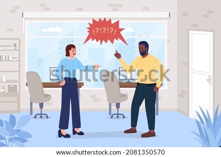 Arguing coworkers flat color vector illustration. Conflict in office. Man and woman annoyed at each other at work. Colleagues 2D cartoon characters with corporate workplace interior on background
