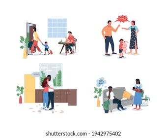 Arguing family flat color vector detailed character set. Parents breakup. Postnatal depression. Conflict isolated cartoon illustration for web graphic design and animation collection