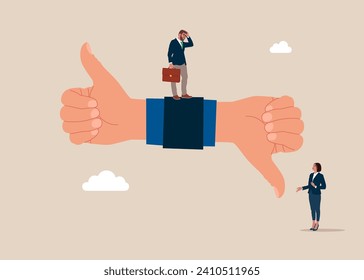 Arguing on big hands showing like and dislike. Customer feedback. Flat vector illustration