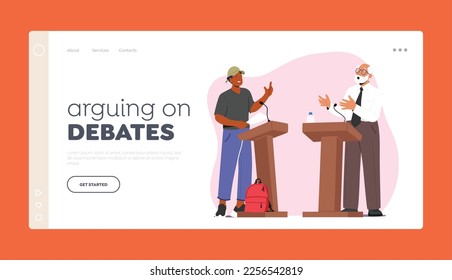 Arguing on Debates Landing Page Template. Dialogue Between Young and Senior Men Behind The Podium. Controversy of Characters in Formal and Casual Suits. Cartoon People Vector Illustration