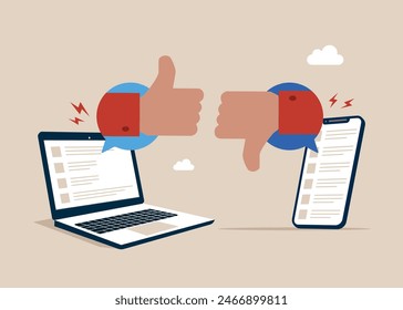 Arguing on difference thumb up and down. Service quality assessment.  Flat vector illustration.