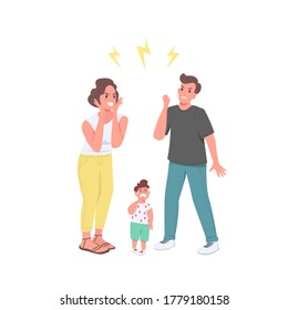 Arguing parents flat color vector detailed characters. Married couple with upset kid. Wife and husband shout. Conflict in family isolated cartoon illustration for web graphic design and animation