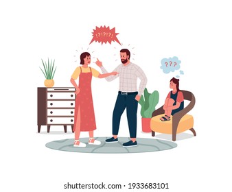 Arguing parents and upset child flat color vector detailed characters. Father and mother quarrel. Sad daughter. Family conflict isolated cartoon illustration for web graphic design and animation