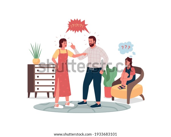 Arguing parents and upset child flat color\
vector detailed characters. Father and mother quarrel. Sad\
daughter. Family conflict isolated cartoon illustration for web\
graphic design and\
animation