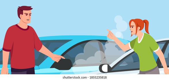 Arguing people semi flat vector illustration. Car crash. Woman pointing towards man. Loud conflict. Films creation. Interesting movie plot. 2D cartoon characters for commercial use svg