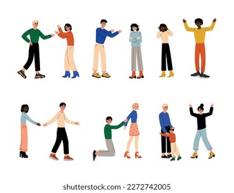 Arguing people set. Couples quarreling at yelling at each other. Violence, relationship problems, divorce cartoon vector illustration