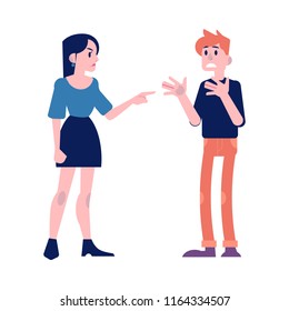 Arguing people vector illustration with aggressive young man and woman disputing isolated on white background. Flat angry male and female characters disagree with each other.