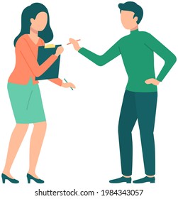 Arguing people vector illustration. Man and woman disputing about something isolated on white background. Couple discussing topic. Businesswoman with clipboard is proving her position to guy