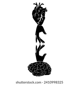 Argument between brain and heart. Conflict and balance of mind and emotions. Link of human organs. Creative concept. Black and white silhouette.