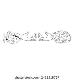 Argument between brain and heart. Conflict and balance of mind and emotions. Link of human organs. Creative concept. Black and white linear silhouette.