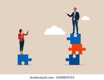 Argument between colleagues or rivalry fighting. Businessman standing on much more puzzle elements, woman on one puzzle elements. Gender gap. Flat vector illustration