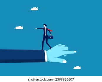 An argument between two sides. Businessman on giant hand pointing in opposite direction