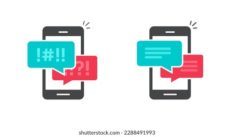 Argument chat on mobile cell phone app icon vector, cellphone profanity swear abuse words censored messages graphic, smartphone obscenity simple online rude complain text talk dialog image