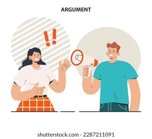 Argument concept. Controversy or disagreement conversation. Troubled communication between people. Alternative views or two opposites conflict. Flat vector illustration