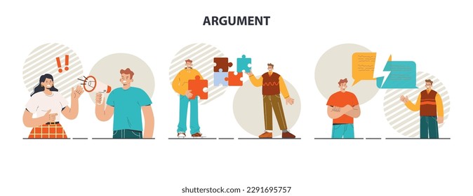 Argument concept set. Controversy or disagreement conversation. Troubled communication between people. Alternative views or two opposites conflict. Flat vector illustration