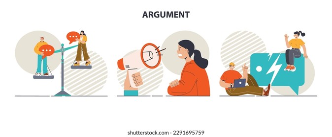 Argumentensatz. Kontroverse oder Meinungsverschiedenheiten Gespräch. Unruhige Kommunikation zwischen Menschen. Alternative Ansichten oder zwei Gegensätze Konflikt. Flache Vektorgrafik