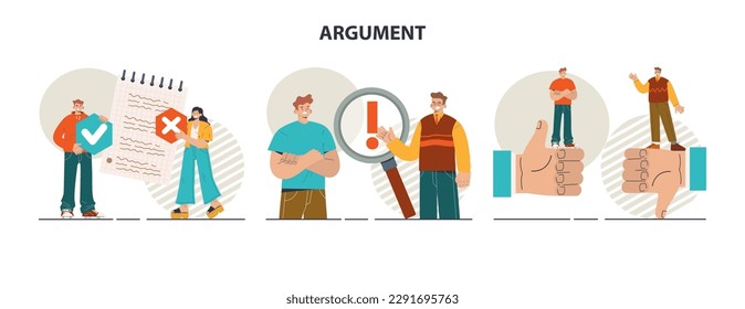 Argument concept set. Controversy or disagreement conversation. Troubled communication between people. Alternative views or two opposites conflict. Flat vector illustration