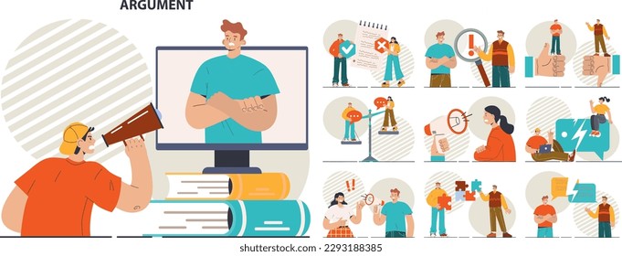 Argument concept set. Controversy or disagreement conversation. Troubled communication between people. Alternative views or two opposites conflict. Flat vector illustration