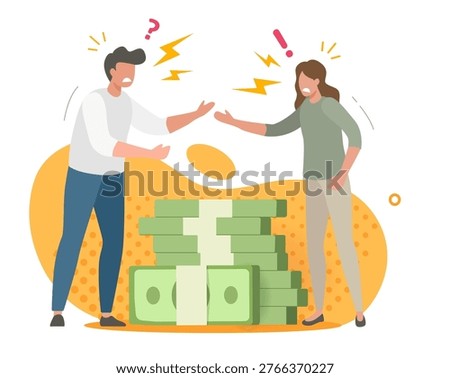 Argument conflict due to money of man woman people vector graphic illustration, modern finance conflict of couple as divorce fight, family budget problem, greed stressed relationship clip art drawn